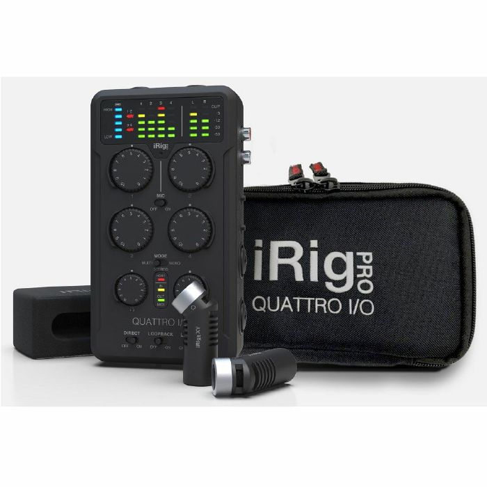 IK Multimedia iRig Pro Quattro I/O Deluxe 4in/2out Portable Audio & MIDI Interface (2x iRig MIC XY stereo microphones + windscreen + 9V PSU + travel case)